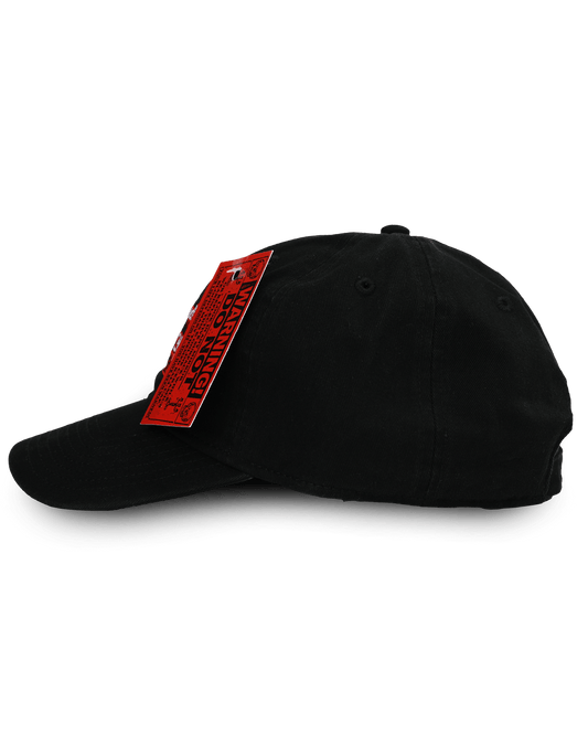 WARNING, DO NOT LOOK IN ANY MIRROR OR REFLECTIVE SURFACE WHILE WEARING THIS ONLINE CERAMICS BLOODY MIRROR THEMED BALL CAP. - Black Hat