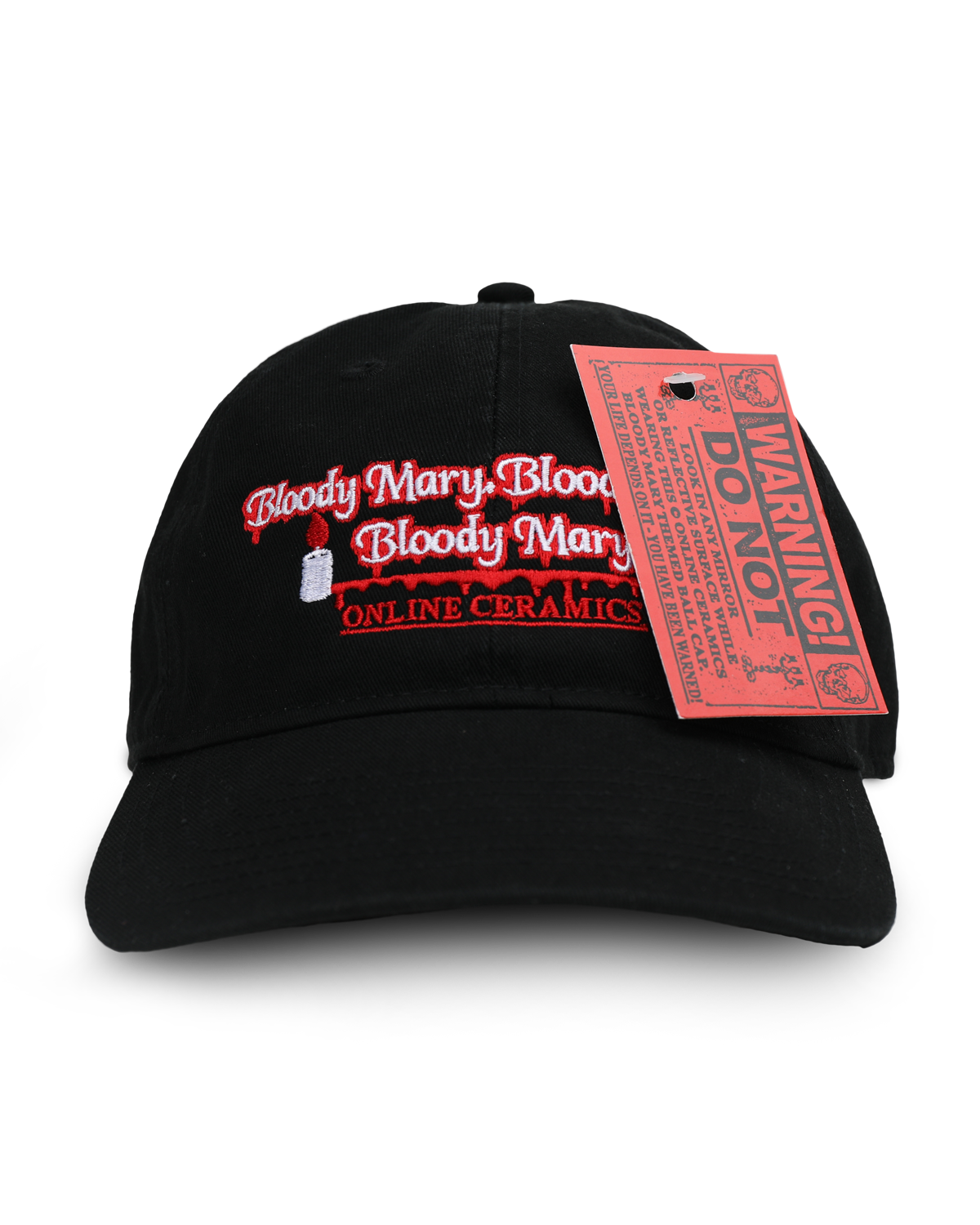 WARNING, DO NOT LOOK IN ANY MIRROR OR REFLECTIVE SURFACE WHILE WEARING THIS ONLINE CERAMICS BLOODY MIRROR THEMED BALL CAP. - Black Hat