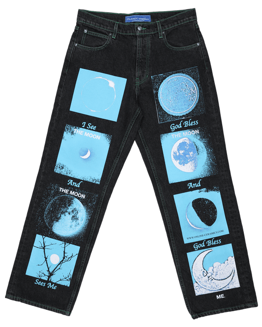 God Bless the Moon - Screen Printed Relaxed Leg Jeans